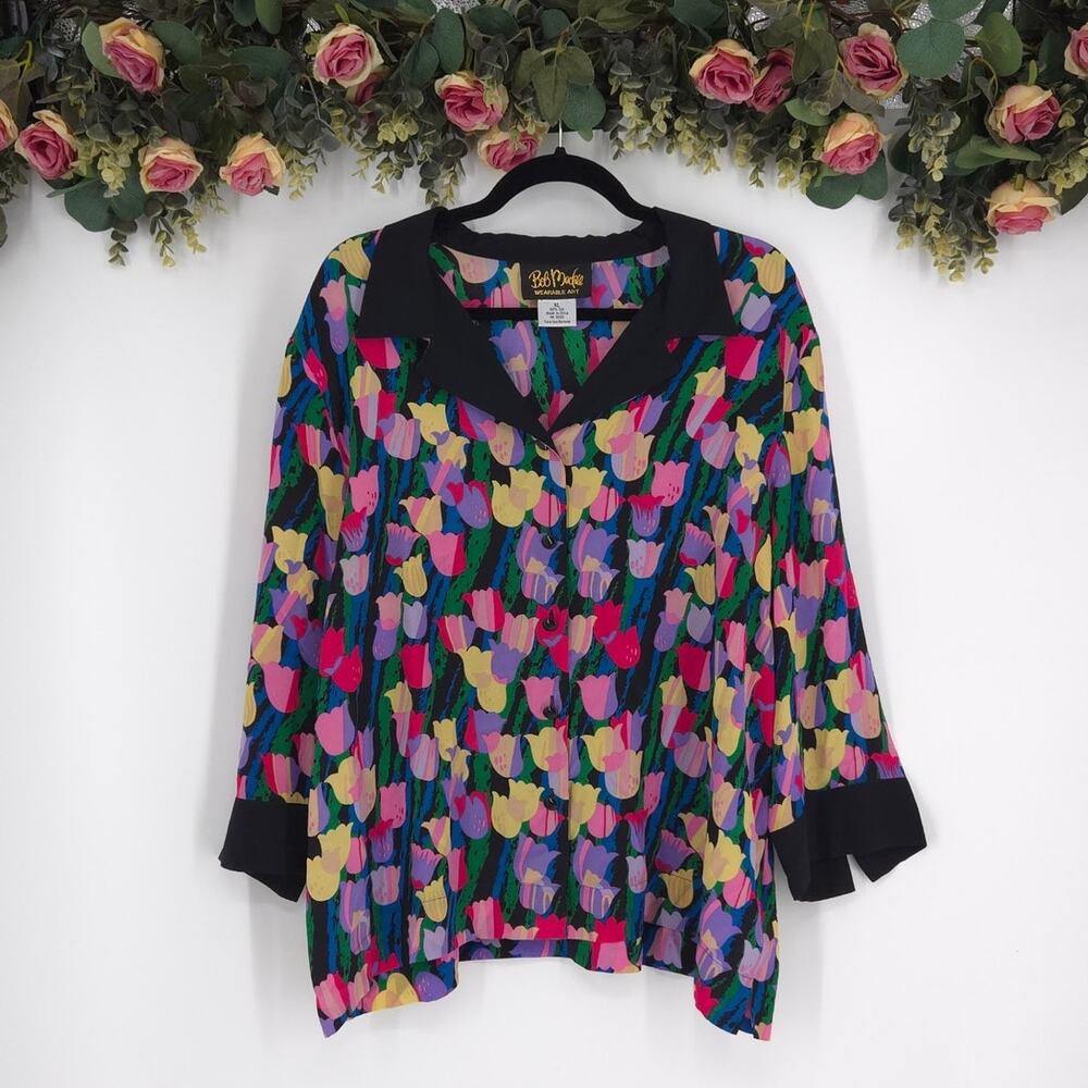 Bob Mackie Wearable Art Silk Tulip Print Blouse Size XL
